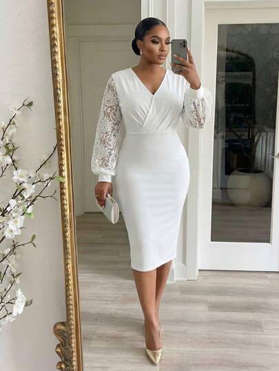 SHEIN Lady Plus Size Women V-Neck Patchwork Cashew Lace Lantern Sleeve Fitted Elegant Dress Elegant Dresses For Women Elegant Party Dresses Elegant Dress For Women  Elegant Dress Women Summer Dress Valentines Day Dress Elegant Dresses For Party Summer Dresses For Women Long Summer Dress For Women  Long Party Dresses Elegant Party Dress Party Outfit  Summer Clothes Valentine Clothes  Valentine's Day Valentine Outfits For Women Spring To Summer White Elegant Midi Dress Plus Size Long Sleeve Dress Elegant White Dress Lace Sleeve White Curve Midi Dress Long Sleeve White Dress Beach
