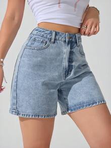 Jeanoix Women's Casual Washed Denim Shorts With Slant Pockets, Summer - Light Wash - View 3