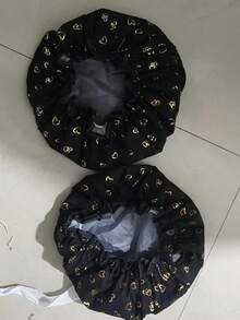 青妙双层防水浴帽，时尚箔心印花 - 黑色 - 查看 6