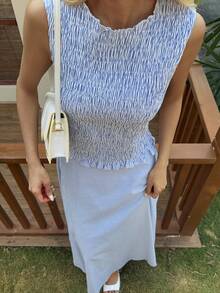 Livesso 女士春夏蓝色条纹吊带背心套装，饰有荷叶边，搭配同色直筒半身裙，优雅百搭，适合休闲、海滩、婚礼、约会等场合。 - 藍色 - 查看 4