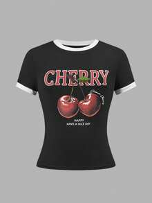 少女三件套，买一送二，修身休闲简约舒适三件套，樱桃印花撞色圆领紧身长袖T恤 - 彩色 - 查看 8