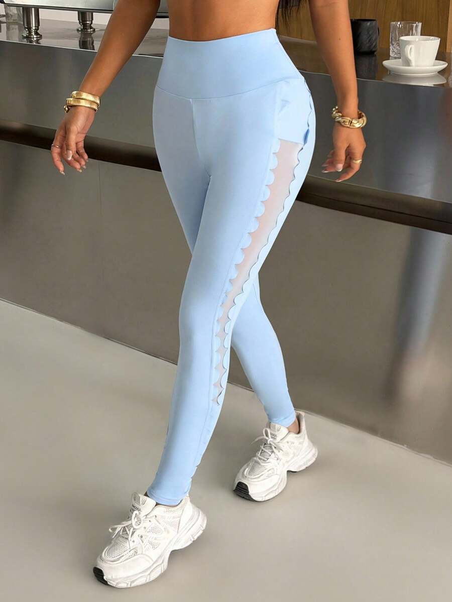 SHEIN EZwear 女士高腰显瘦蓝色针织打底裤 - 淺藍色 - 查看 1