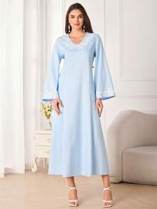Al Najma Đầm maxi kiểu Ả Rập thanh lịch dành cho nữ, cổ chữ V, đính kết và ghép vải, tay loe, thắt eo. - Màu xanh lam - Xem 4
