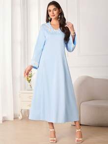 Al Najma Đầm maxi kiểu Ả Rập thanh lịch dành cho nữ, cổ chữ V, đính kết và ghép vải, tay loe, thắt eo. - Màu xanh lam - Xem 5