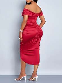 SOLERSUN Women's Plus Size Solid Color Off Shoulder Ruched Side Satin Asymmetrical Hem Dress Party Dress For Holiday Party Clothes Maxi Women Outfit - Burgundy - View 4
