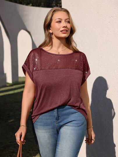 EMERY ROSE Plus Size Women's Round Neck Batwing Short Sleeve Casual Sequin Patchwork T-Shirt, Spring/Summer