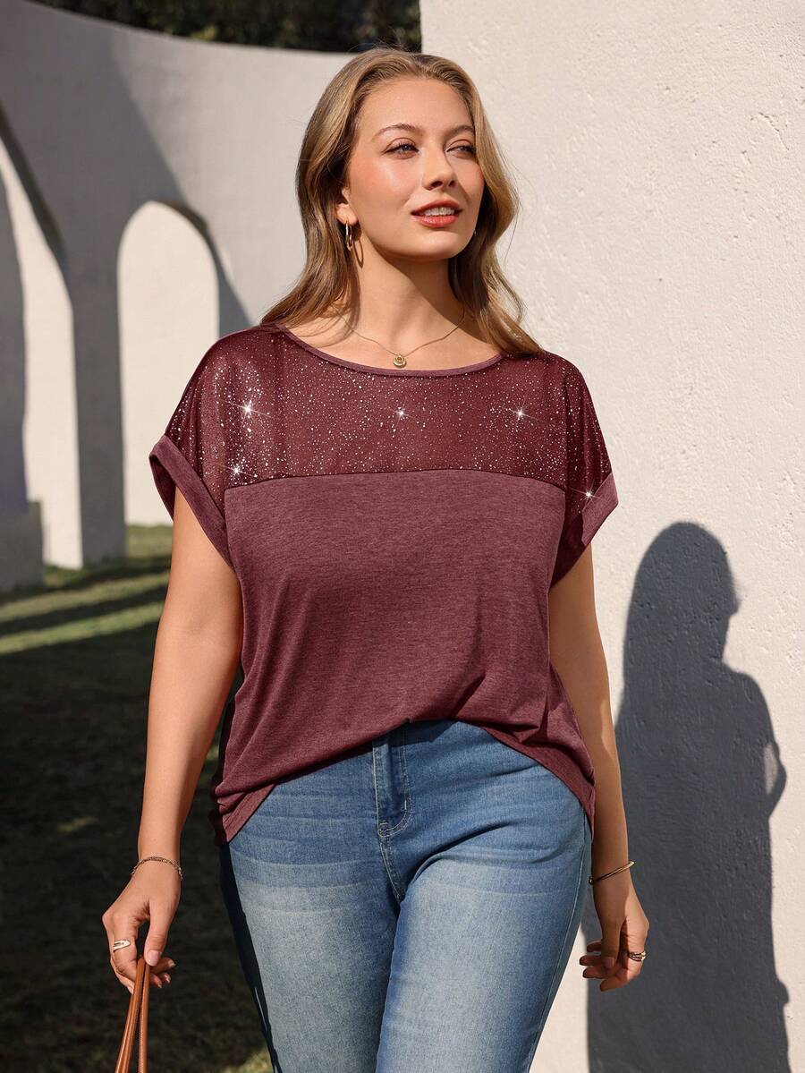 EMERY ROSE Camiseta casual de manga corta de murciélago con cuello redondo y parches de lentejuelas para mujer de talla grande, primavera/verano - Color caoba - Ver 1