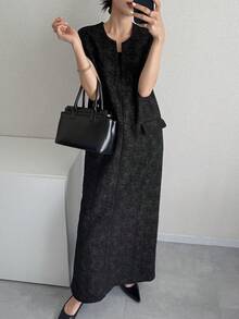 FRIFUL Women's Sleeveless Vest-Style Layered Long Textured Fabric Quality Dress, Summer Outfit - Black - View 6