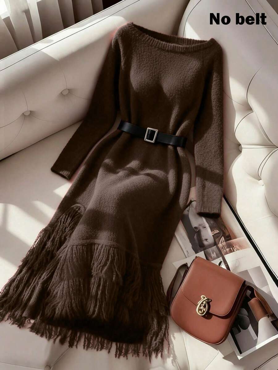 Franclia Đầm len dệt kim lông xù kiểu dáng bất đối xứng gợi cảm thu đông mới của châu Âu và Mỹ dành cho nữ. - Cà phê nâu - Xem 1