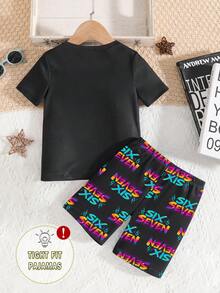 两件套男童夜光67号印花睡衣，修身短袖T恤和短裤，轻薄舒适，适合春夏穿着 - 黑色 - 查看 2