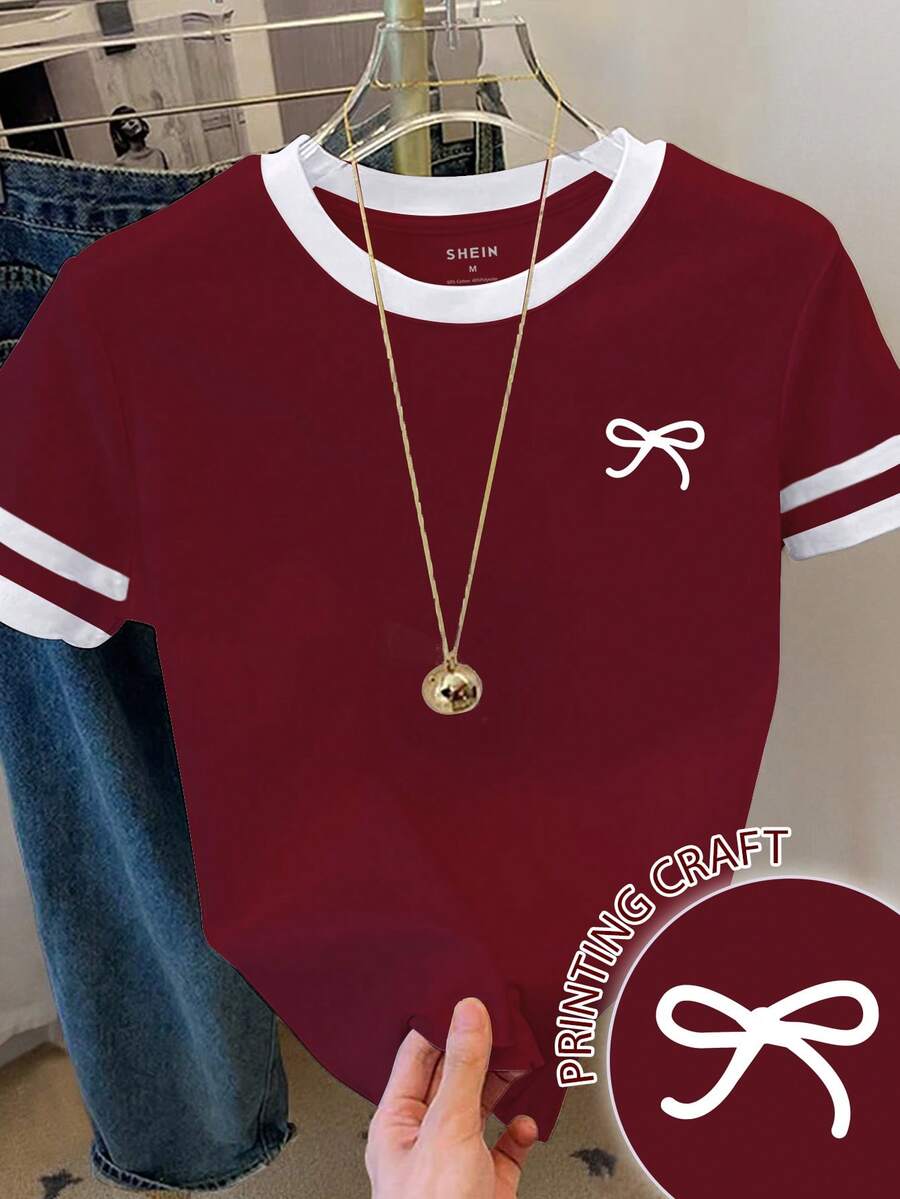 Resyla Women's Casual Everyday Commute Versatile Bow Striped Print Ringer Short Sleeve T-Shirt, Summer - Multicolor - View 1