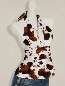 Attitoon 露背吊带深V领收腰A字西部奶牛印花吊带衫，适合外出、音乐节、海滩、派对、生日、度假、Y2K风格。 - 彩色 - 查看 6