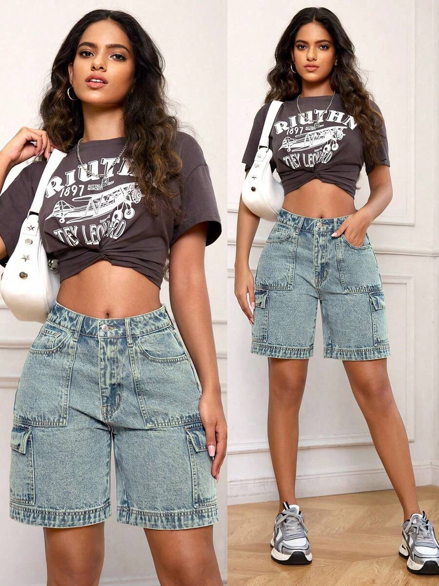 SHEIN ICON 女士工装口袋宽松休闲百搭牛仔短裤 - 中等水洗藍 - 查看 1