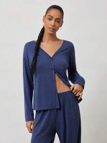 Ocili Comfortable Soft Collarless Women Loungewear Set - Navy Blue - View 7