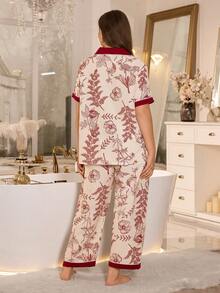 撞色领开襟褶皱印花短袖睡衣套装 - 紅色 - 查看 3