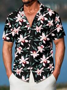 Manfinity RSRT Áo sơ mi nam tay ngắn cổ polo cài khuy đơn, in họa tiết hoa, kiểu dáng thường ngày, đa năng cho kỳ nghỉ và thời gian thư giãn. - Nhiều màu - Xem 6