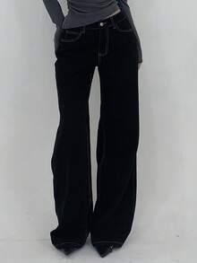 DAZY Women's Casual Contrast Stitch Wide Leg Jeans, - Black - View 2