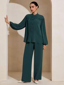 Graceveil 两件套：优雅橄榄绿荷叶边衬衫+裤子，时尚设计 - 墨綠色 - 查看 5