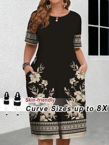 SHEIN CURVE+ Curve Size US22Music Festival, Seaside Vacation, Bohemia2025 Spring/Summer Artistic Textured Floral Print Short Sleeve Round Neck Midi Dress, Suitable For Mother's Day Gathering Black And White Dress Pocket Dress Floral Print Dress - Black and White - View 8