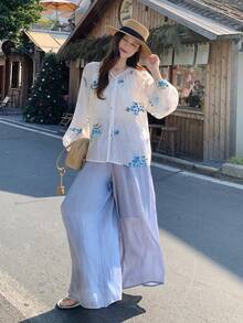 DAZY Women's Linen Ditsy Floral Shirt Top And Loose Fit Pants 2-Piece Set, Korean Style Lounge Sets For Women - Baby Blue - View 4