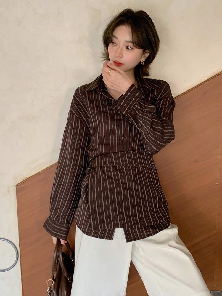 Women's Striped Korean Style Long Sleeve Tie Front Blouse