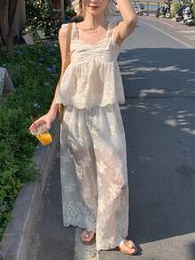 DAZY 2pcs Women Camisole Top + Loose Embroidered Wide Leg Pants Set - White - View 5