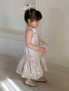 DAZY Baby Girls' Round Neck Satin Bow Tie Puff Sleeve Ruffle Trim Korean Style Birthday Party Dress - Apricot - View 3