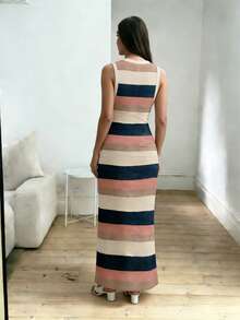 SHEIN LUNE Women's Contrast Striped Midi Bodycon Dress Striped Dress Suitable For Going Out Chic Dress - Multicolor - View 2