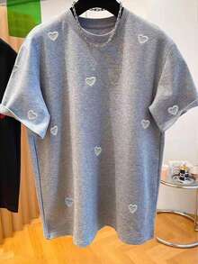Resyla Women's Round Neck Heart Studded T-Shirt - Round Neck Casual Top - Lightweight T-Shirt Suitable For All Seasons - Grey - View 3