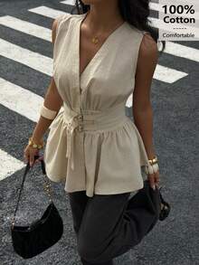 Siren Gaze 100% Cotton V Neck Sleeveless Peplum Shirt With Double Waist Belts, Soft & Skin-Friendly, Apricot Color, Suitable For Work And Vacation, Elegant Ladies Blouse, Butter Yellow Blouse, Summer Casual - Apricot - View 7