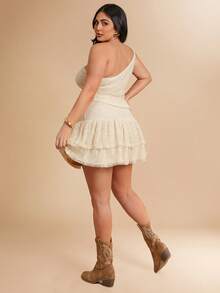 SHEIN BAE Plus Size Fitted One-Shoulder Top & Short Pleated Skirt 2 Pieces Set,Summer,Beige,Boho,Vacation,Sleeveless Crop Top With Waist Buckle,Minimalist Style - Apricot - View 3