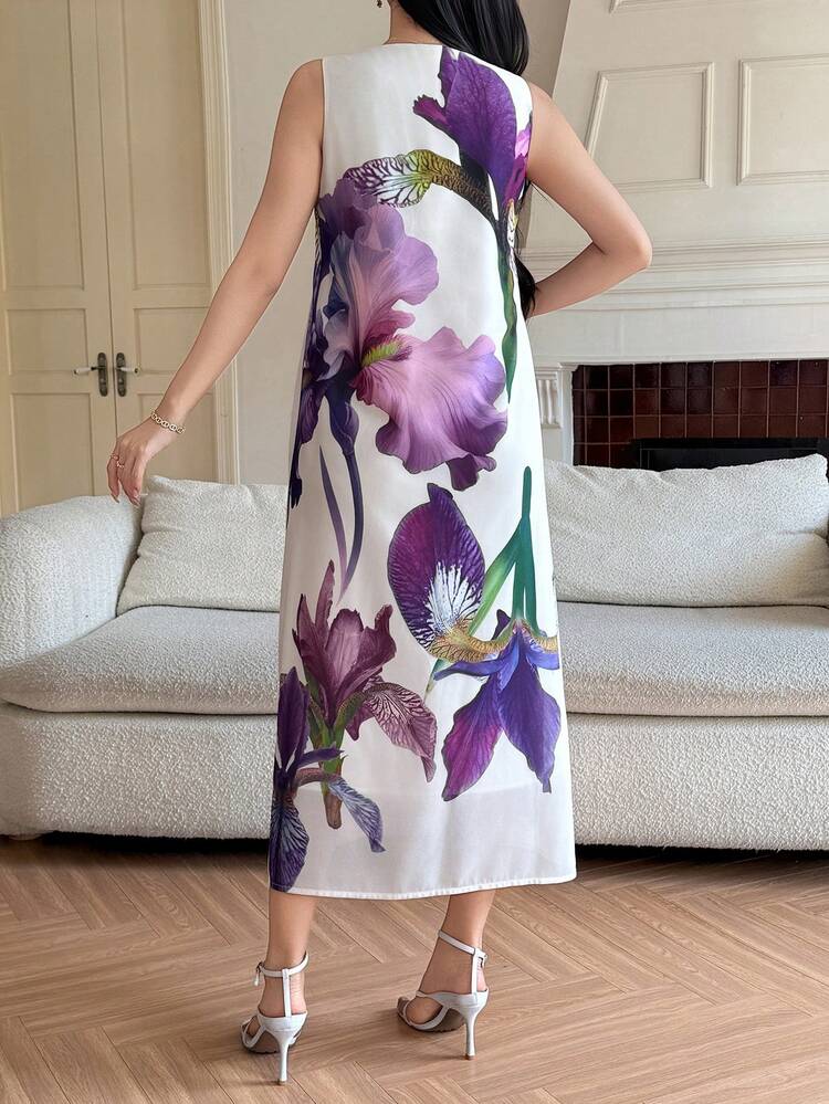 Women's Elegant Floral Print Round Neck Sleeveless Mid-Length Dress, Summer Wedding Guest Dress Sundress