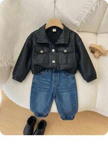 时尚户外女婴纯色仿 PU 皮革大口袋长袖翻领夹克，百搭，适合秋冬季 - 黑色 - 查看 7