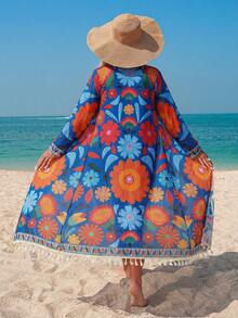 Swim Lushoire 女士印花和服罩衫，配可拆卸腰带，适合海滩、派对、度假等场合。 - 藍色 - 查看 2