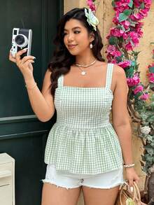 SHEIN LUNE Plus Size Women's Sage Green Cute Elegant Picnic Holiday Summer Bowknot Backless Ruffle Hem Casual Camisole Baby Doll Tank Top - Green - View 2
