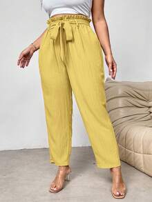 Firerie Plus Size Elegant Commuter/Office Ruched Tie-Waist Tapered Leg Pants With Pockets - Yellow - View 3