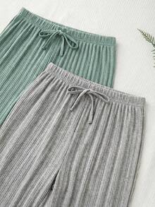 Women 100%Cotton 2pcs Lace&Ribbon Detail Casual Rib-Knit Sleep Long Bottom Set Cotton Loungewear - Multicolor - View 4