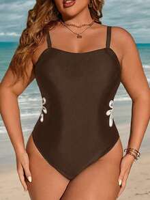 Swim Lushoire 大码镂空细肩带连体泳衣，夏季海滩度假 - 棕色 - 查看 3