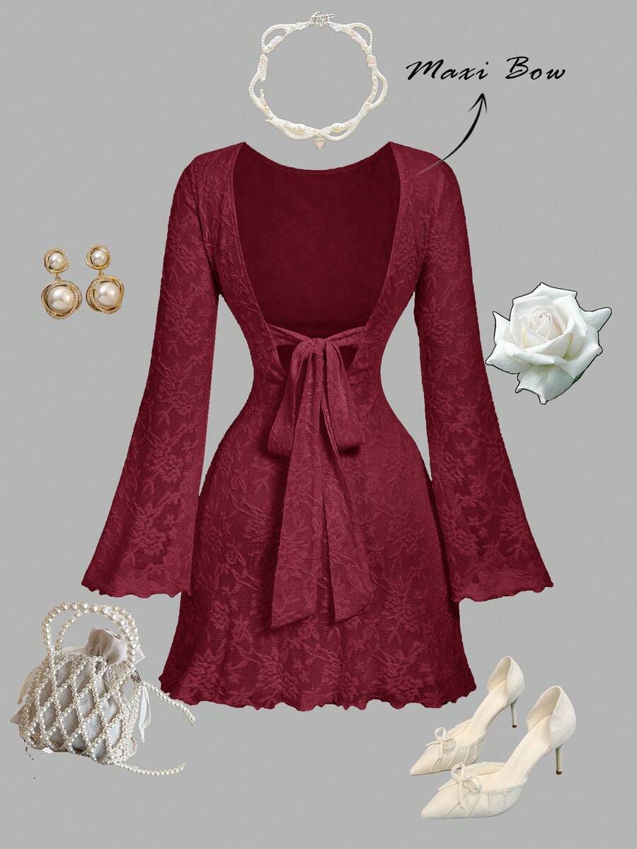 SHEIN MOD Women's Round Neck Flare Sleeve Open Back Tie Design Fashionable Mini Dress - Burgundy - View 1