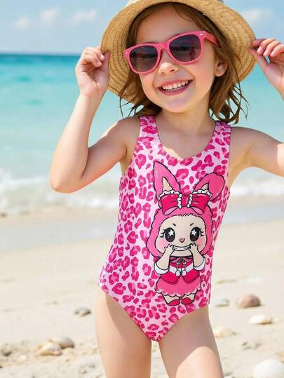 SHEIN Söt docka & leopardmönster söt avslappnad tankini-baddräkt, lämplig för sommaren