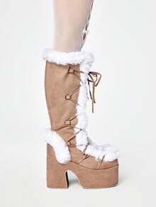 ROMWE 女士秋冬新款高性价比长靴，圆头粗跟超高跟朋克性感毛绒靴，厚底高跟长靴 - 卡其色 - 查看 4