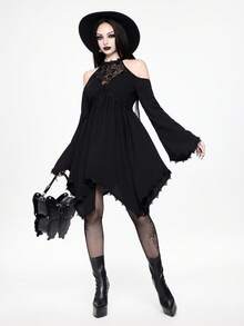 ROMWE Boho Goth Dark Forbidden Forest Snake Dreamcatcher Embroidery Hollow Design Flare Sleeve Asymmetrical Hem Dress - Black - View 7