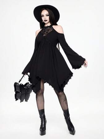 Boho Goth Dunkler Verbotener Wald Schlangen Traumfänger Stickerei Cut-Out-Design Weite Ärmel Asymmetrischer Saum Kleid