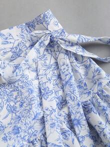 Olithes Falda de mujer casual de vacaciones de primavera/verano, estilo dulce de niña, diseño de volantes irregulares multicapa, plisada, con lazo en la cintura - Azul - Ver 6