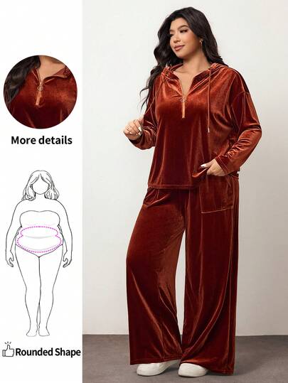 Enliva 2025 Autumn/Winter New Arrival Casual Sports & Everyday Casual & Home Casual Solid Brown Loose Drop Shoulder Hooded Pullover T-Shirt And Wide Leg Pocket Pants Suit, Velvet Fabric, Plus Size Women 2 Pieces Set,Fall Clothes For Women, For Apple Rounded Body Shape