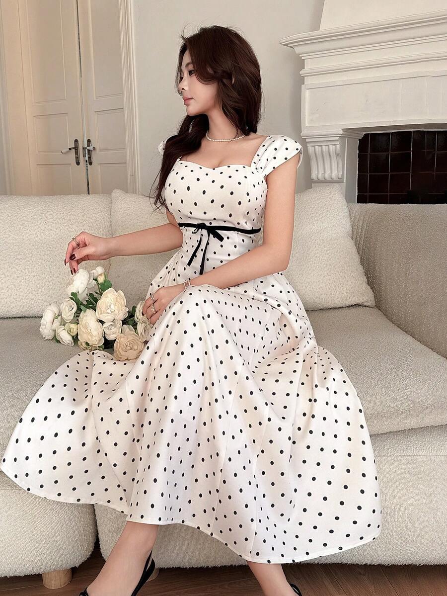 DAZY 女士甜心领波点印花系带腰身优雅中长连衣裙婚礼宾客礼服 - 米色 - 查看 1