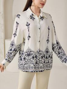 Veilorie Camisa casual holgada de mujer con bordado de plantas y abotonadura sencilla - Multicolor - Ver 3