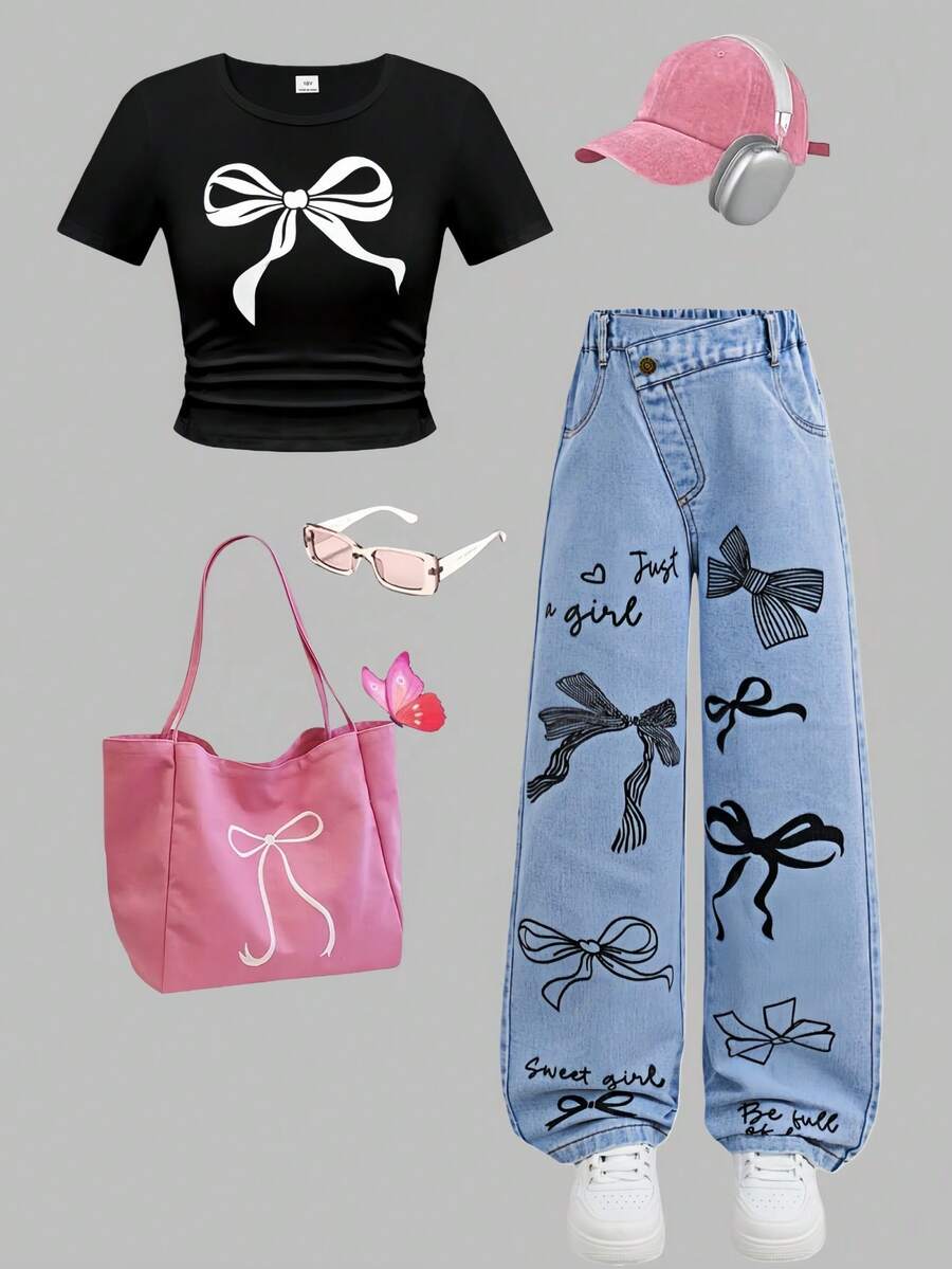 SHEIN 2件套 女童蝴蝶领直筒牛仔裤和短袖T恤 - 彩色 - 查看 1