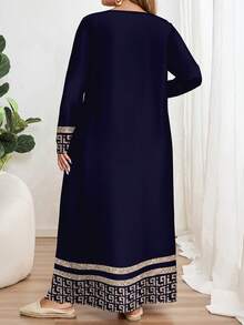 EMERY ROSE Classic Geometric Print Plus Size Long Sleeve Round Neck Dress, Suitable For Autumn/Winter - Multicolor - View 2
