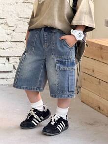 SHEIN Young BoyLoose Fit Blue Denim Cargo Shorts - Medium Wash - View 1
